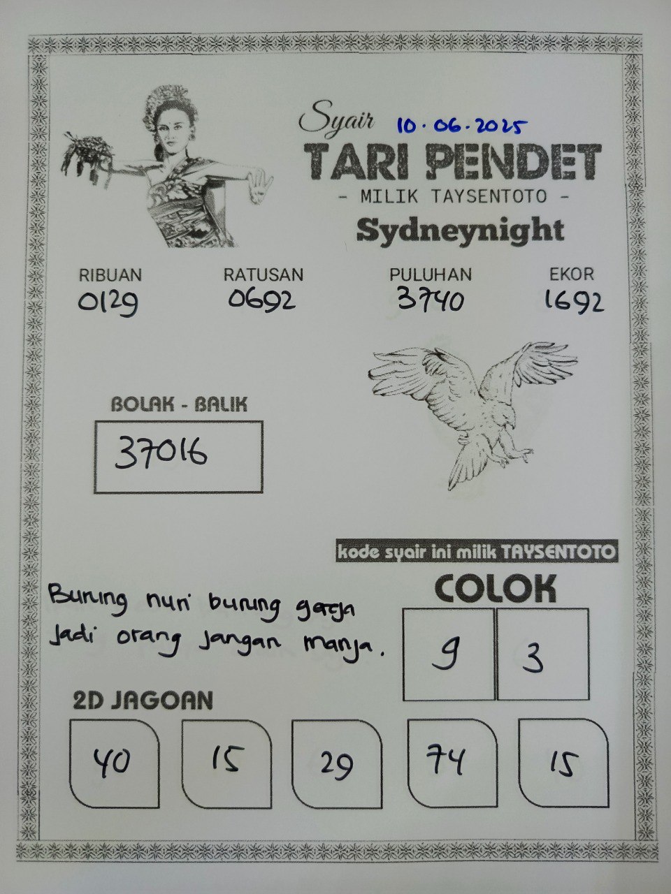 Syair Tari Pendet SydneyNight Hari ini Selasa, 10 Juni 2025