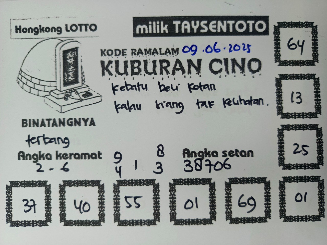 Syair Kuburan Cino HK Hari Senin, 09 Juni 2025