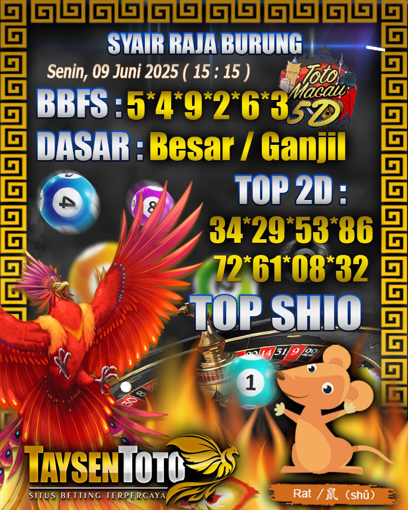 Syair Raja Burung Toto Macau 5D Hari Ini Senin, 09 Juni 2025 | 15 : 15 WIB
