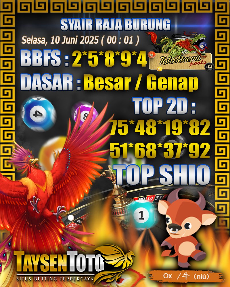 Syair Raja Burung Toto Macau Hari, Selasa, 10 Mei 2025| 00 : 01 WIB