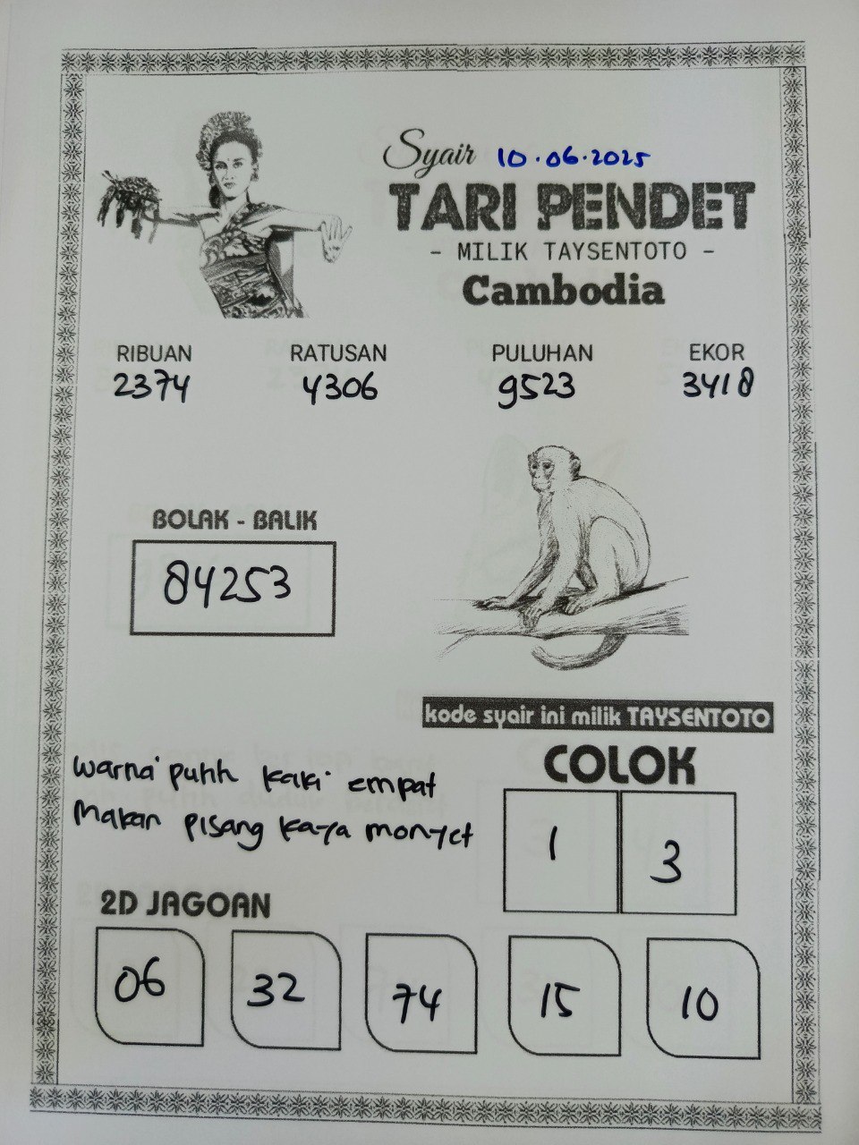 Syair Tari Pendet Cambodia Hari Ini Selasa, 10 Mei 2025