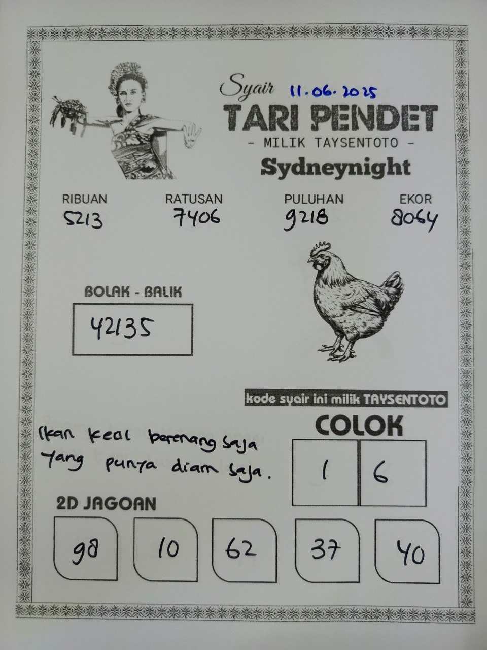 Syair Tari Pendet SydneyNight Hari ini Rabu, 11 Juni 2025