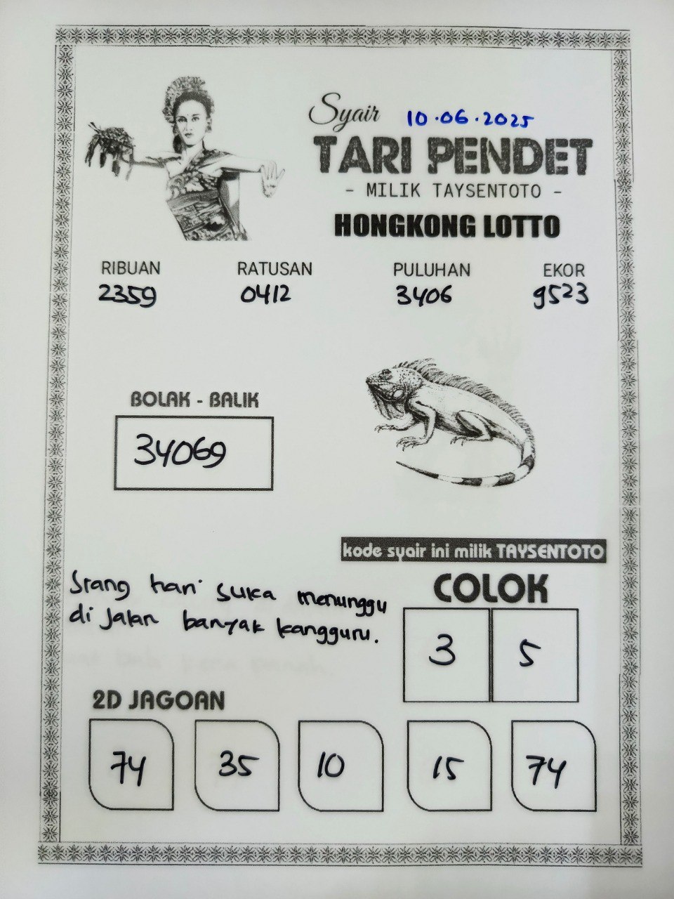 Syair Tari Pendet HK Hari Selasa, 10 Juni 2025