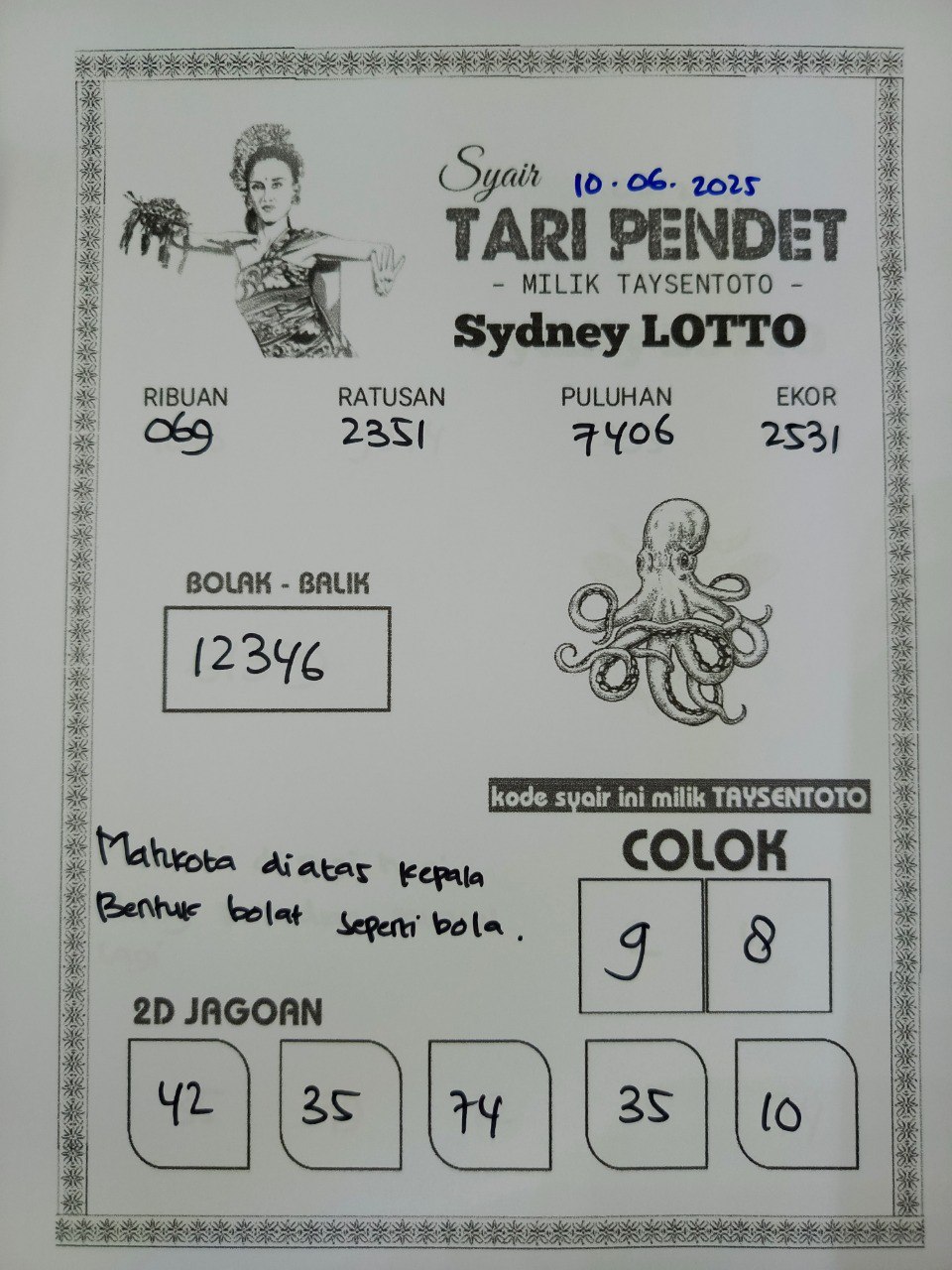 Syair Tari Pendet Sydney Hari ini Selasa, 10 Juni 2025