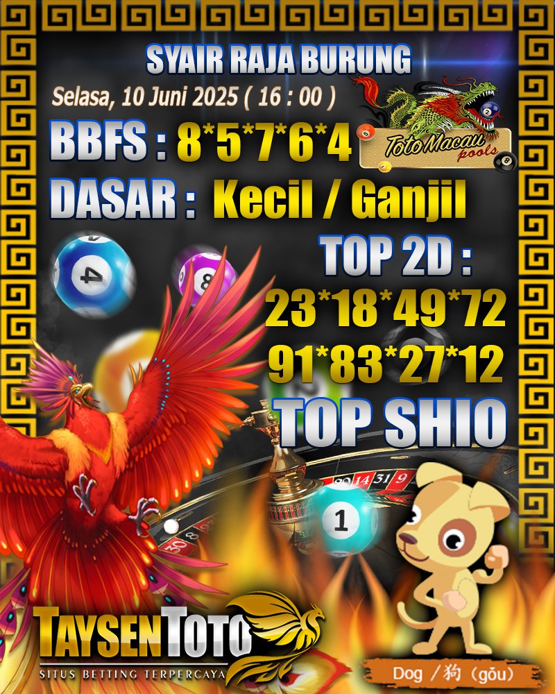 Syair Raja Burung Toto Macau Hari, Selasa, 10 Mei 2025| 16 : 00 WIB