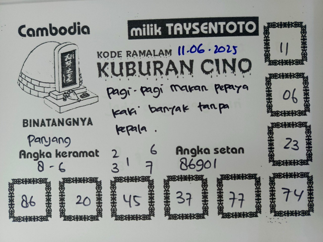 Syair Kuburan Cino Cambodia Hari Ini Rabu, 11 Mei 2025