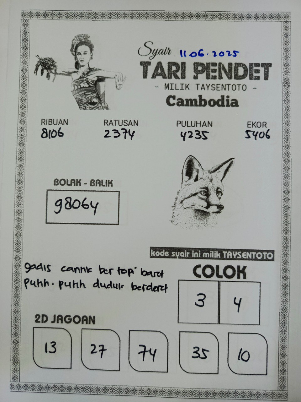 Syair Tari Pendet Cambodia Hari Ini Rabu, 11 Mei 2025