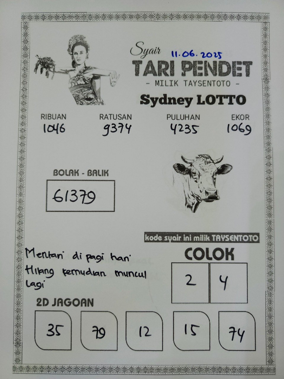 Syair Tari Pendet Sydney Hari ini Rabu, 11 Juni 2025