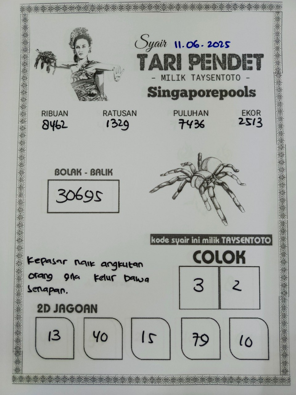 Syair Tari Pendet SGP Hari ini Rabu, 11 Juni 2025