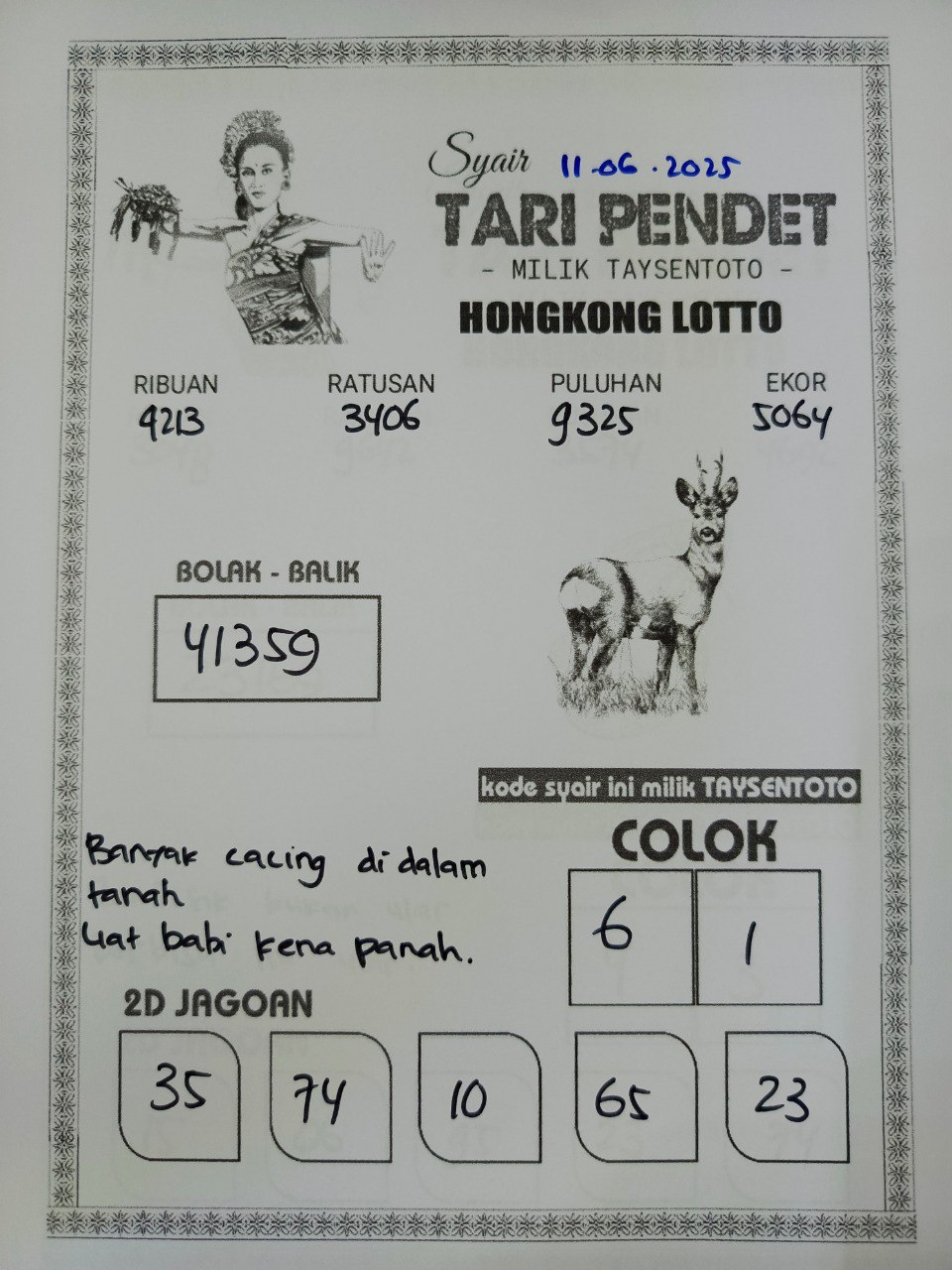 Syair Tari Pendet HK Hari Rabu, 11 Juni 2025