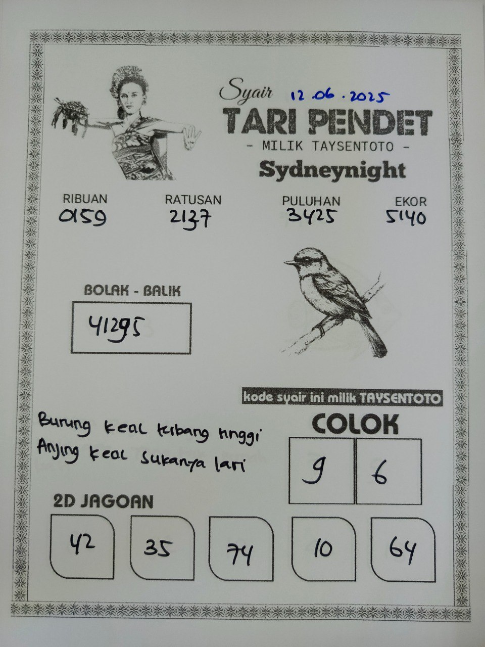 Syair Tari Pendet SydneyNight Hari ini Kamis, 12 Juni 2025