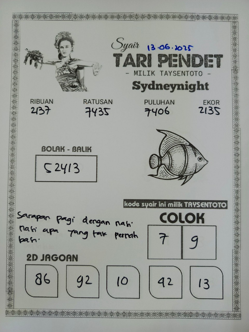 Syair Tari Pendet SydneyNight Hari ini Jumat, 13 Juni 2025