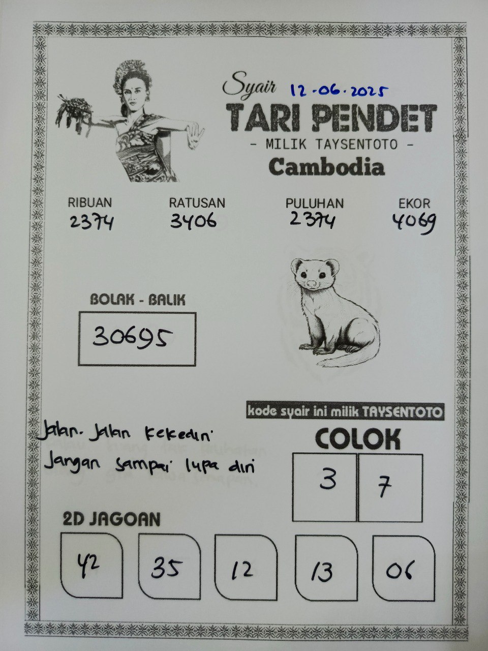 Syair Tari Pendet Cambodia Hari Ini Kamis, 12 Mei 2025