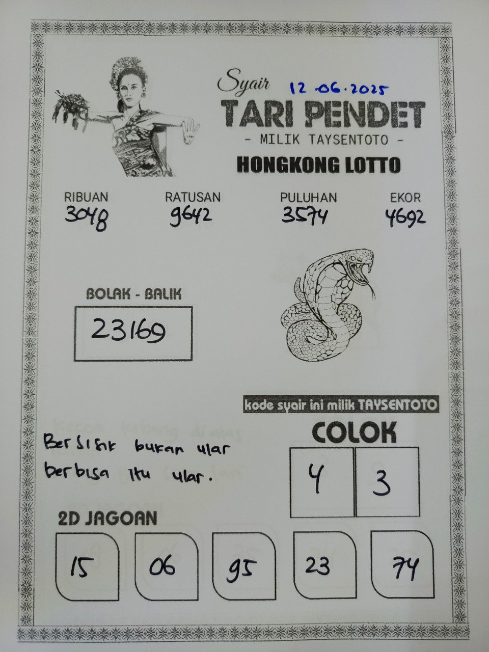 Syair Tari Pendet HK Hari Kamis, 12 Juni 2025