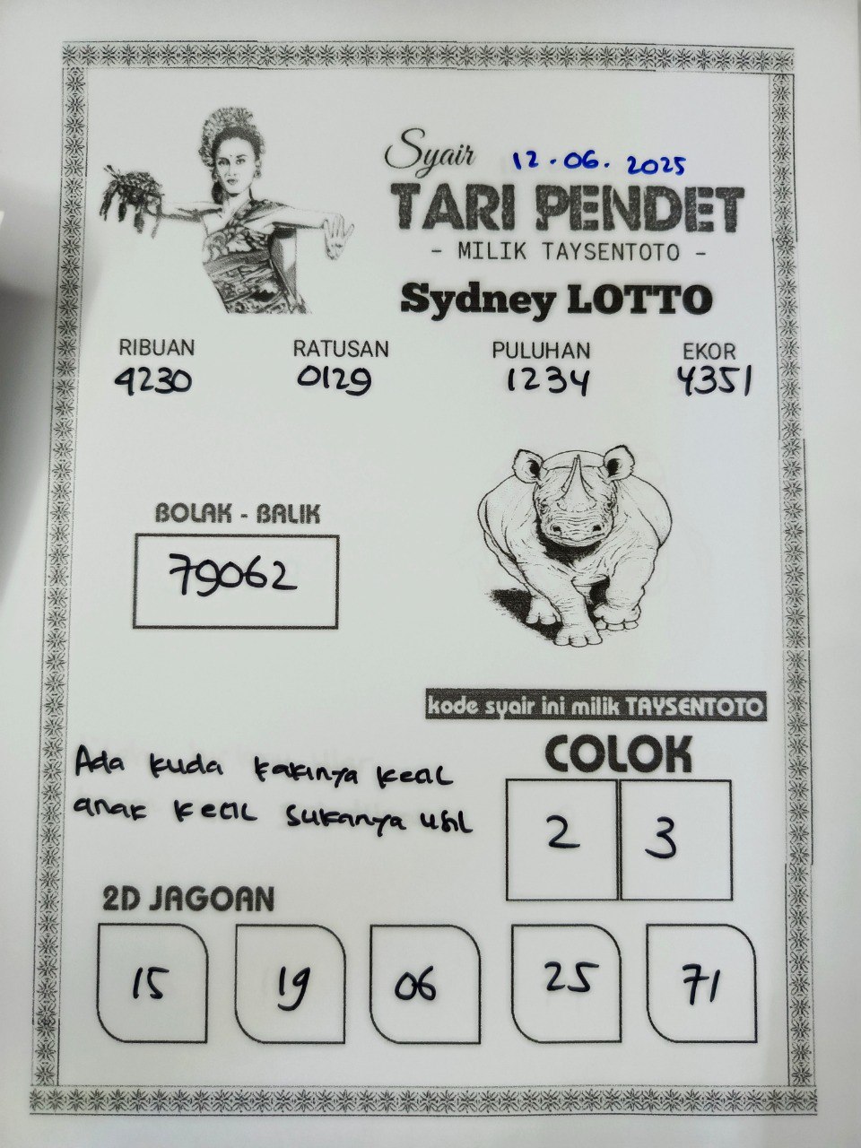 Syair Tari Pendet Sydney Hari ini Kamis, 12 Juni 2025