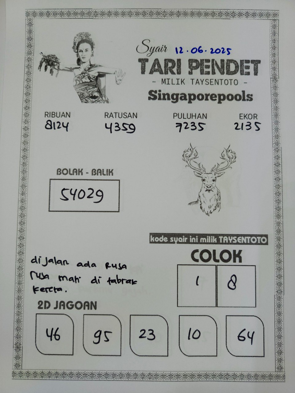 Syair Tari Pendet SGP Hari ini Kamis, 12 Juni 2025