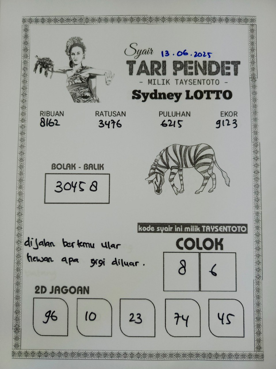 Syair Tari Pendet Sydney Hari ini Jumat, 13 Juni 2025