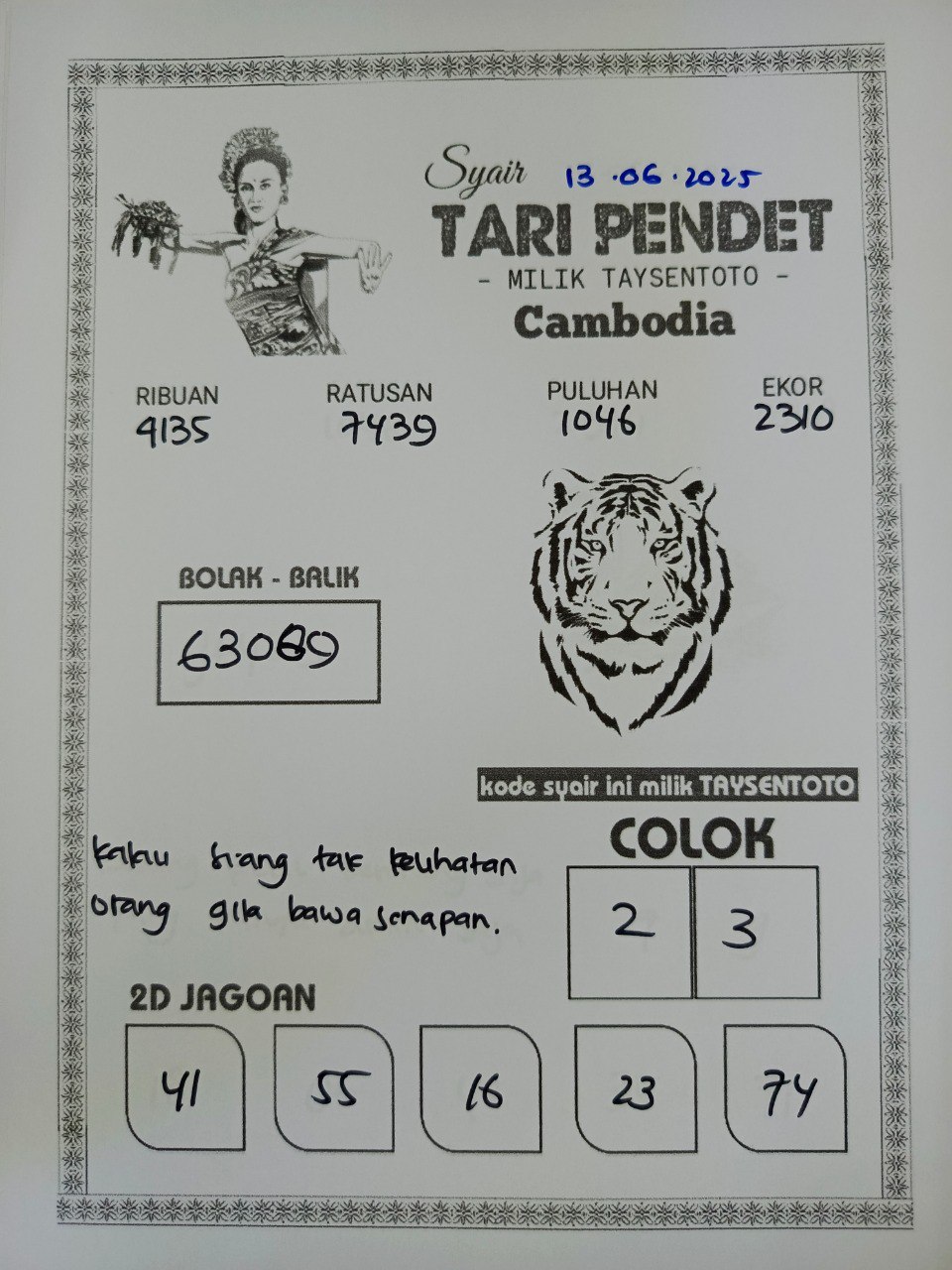 Syair Tari Pendet Cambodia Hari Ini Jumat, 13 Mei 2025