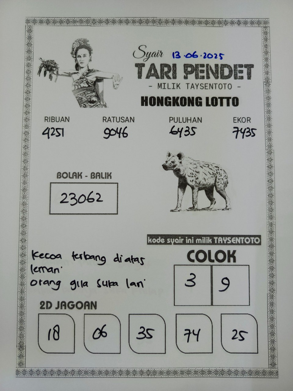 Syair Tari Pendet HK Hari Jumat, 13 Juni 2025