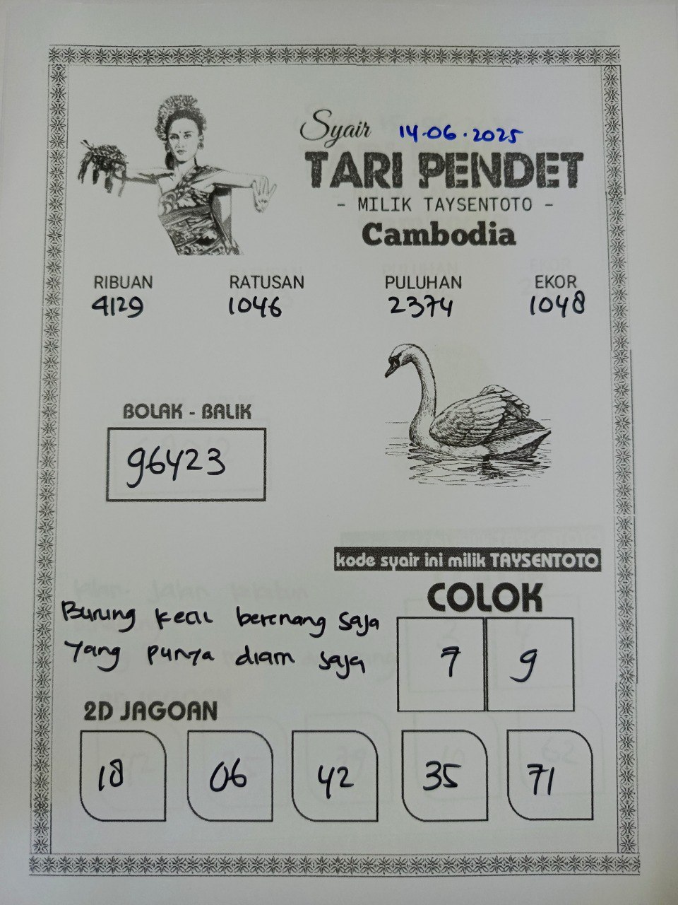 Syair Tari Pendet Cambodia Hari Ini Sabtu, 14 Mei 2025