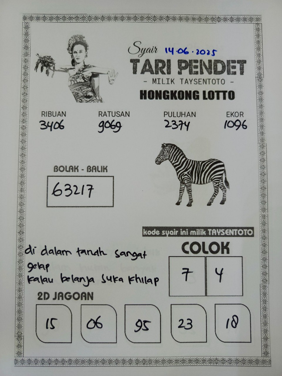 Syair Tari Pendet HK Hari Sabtu, 14 Juni 2025