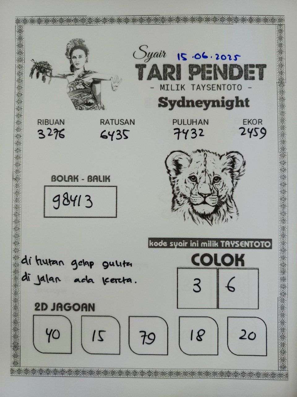 Syair Tari Pendet SydneyNight Hari ini Minggu, 15 Juni 2025