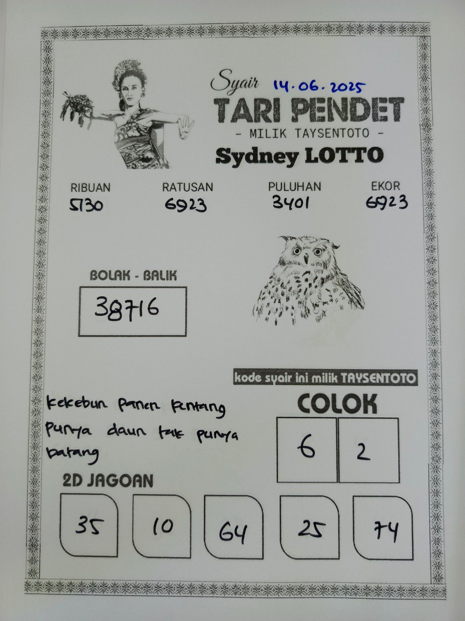 Syair Tari Pendet Sydney Hari ini Sabtu, 14 Juni 2025