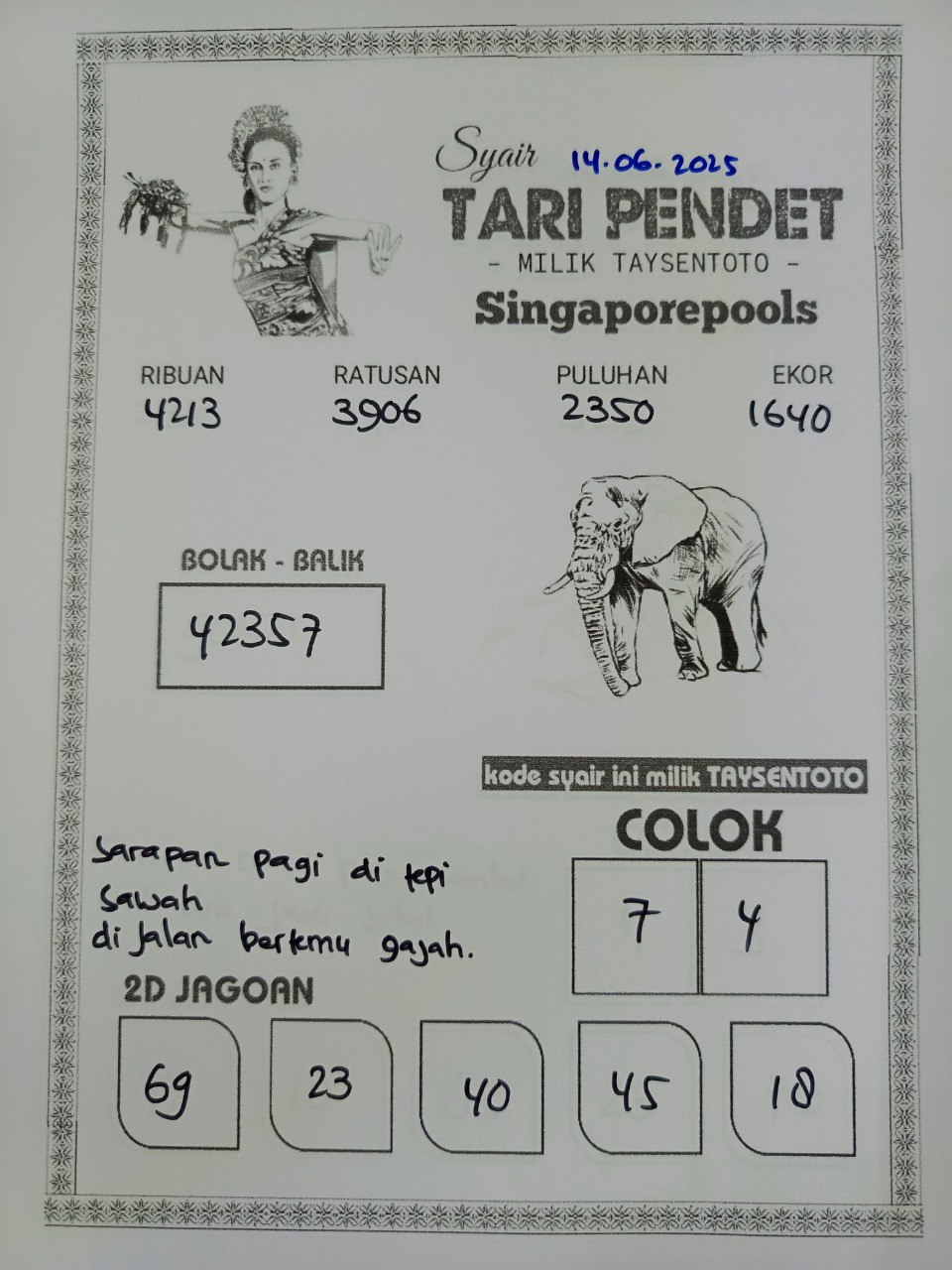 Syair Tari Pendet SGP Hari ini Sabtu, 14 Juni 2025