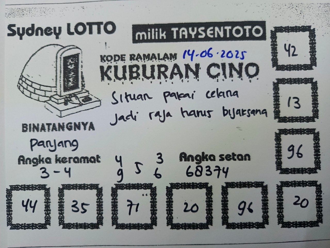 Syair Kuburan Cino Sydney Hari ini Sabtu, 14 Juni 2025