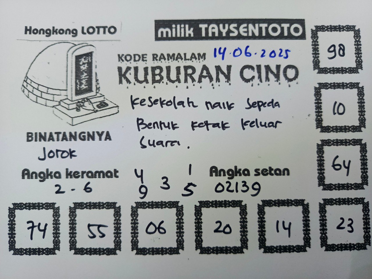 Syair Kuburan Cino HK Hari Sabtu, 14 Juni 2025