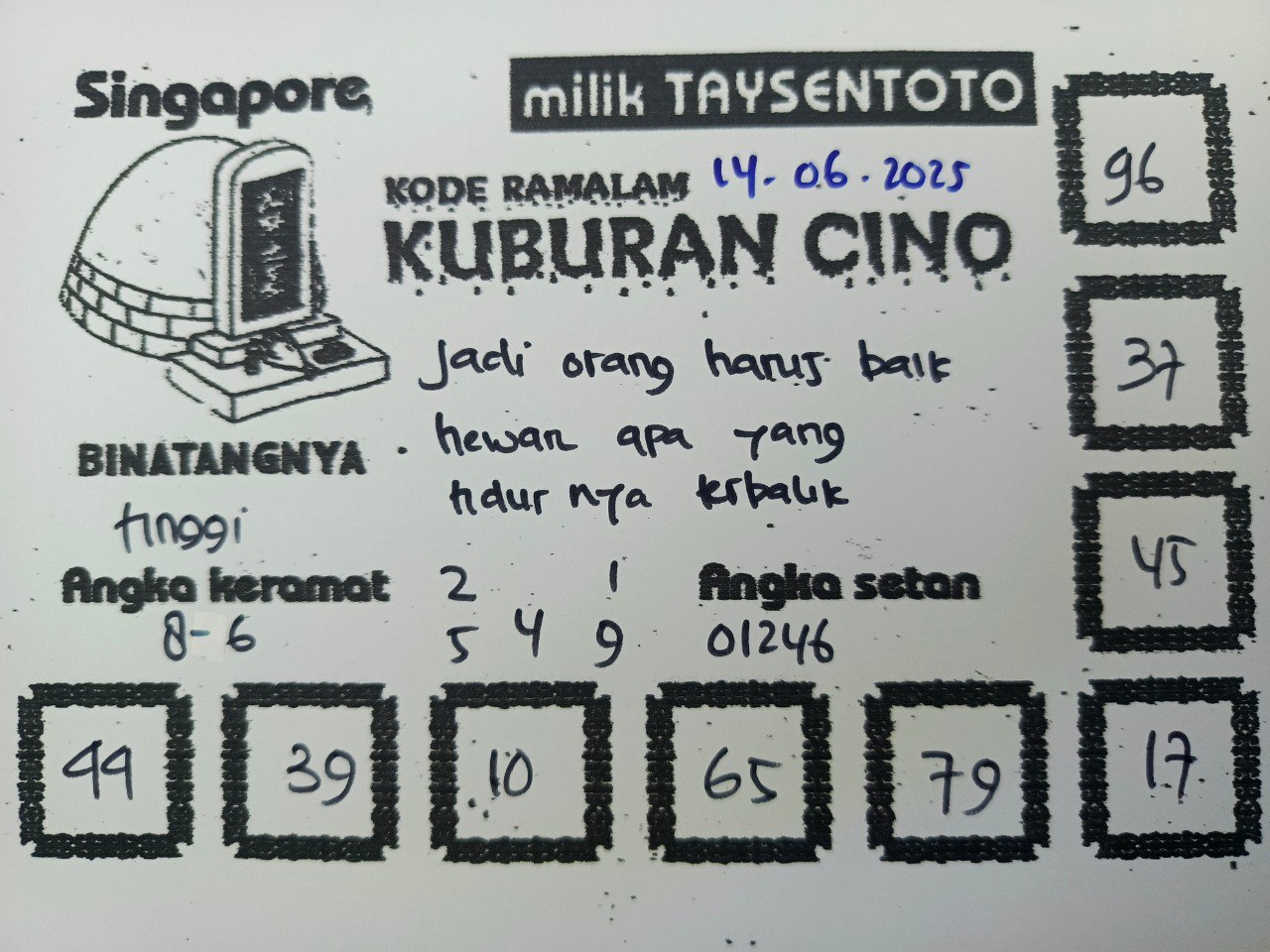 Syair Kuburan Cino SGP Hari ini Sabtu, 14 Juni 2025