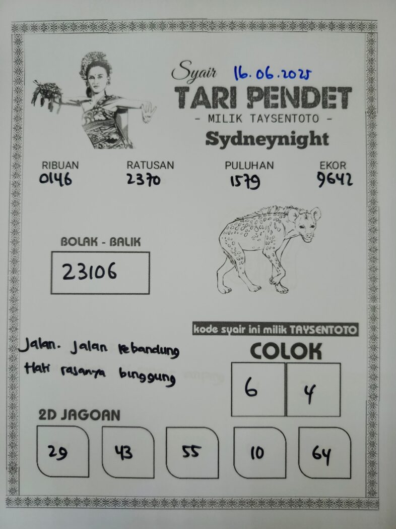 Syair Tari Pendet SydneyNight Hari ini Senin, 16 Juni 2025