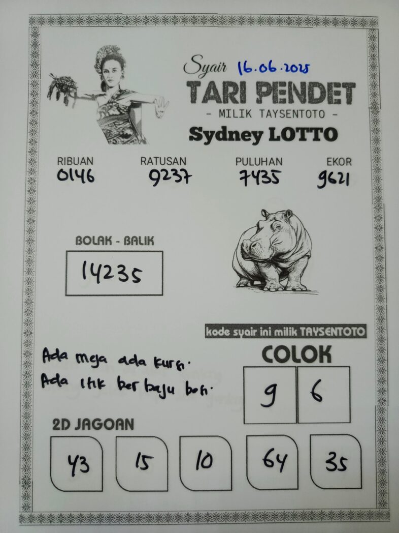 Syair Tari Pendet Sydney Hari ini Senin, 16 Juni 2025