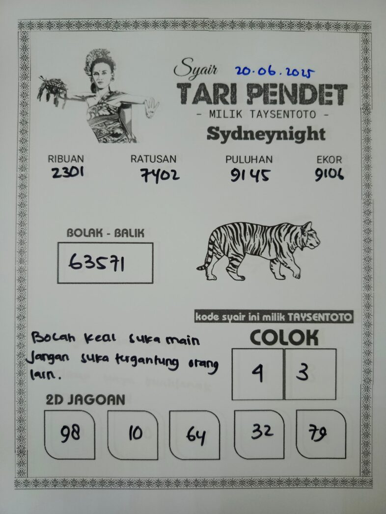 Syair Tari Pendet SydneyNight Hari ini Jumat, 20 Juni 2025
