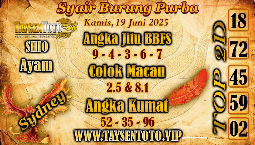 Syair Burung Purba Sydney Hari ini Kamis, 19 Juni 2025
