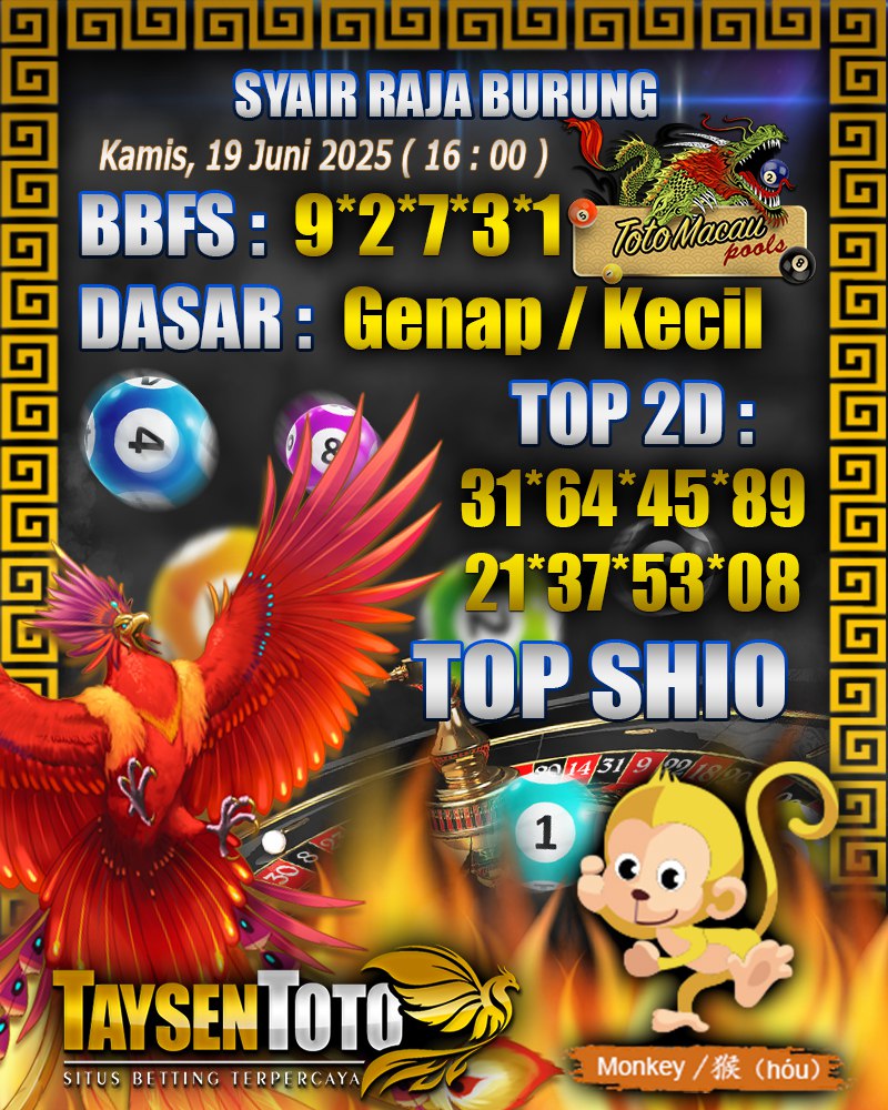 Syair Raja Burung Toto Macau Hari, Kamis, 19 Mei 2025| 16 : 00 WIB