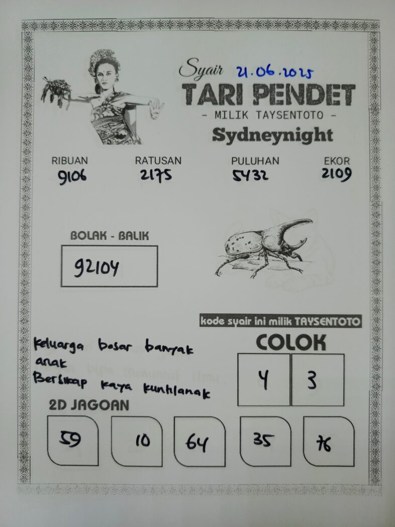 Syair Tari Pendet SydneyNight Hari ini Sabtu, 21 Juni 2025