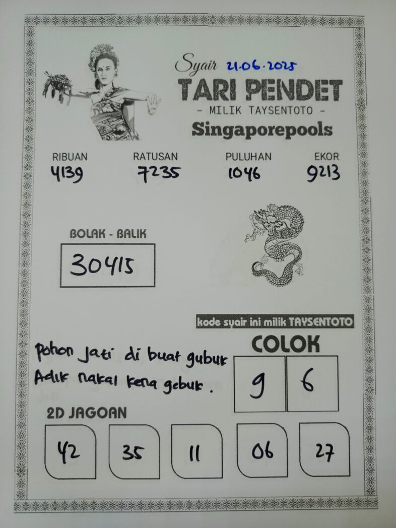 Syair Tari Pendet SGP Hari ini Sabtu, 21 Juni 2025