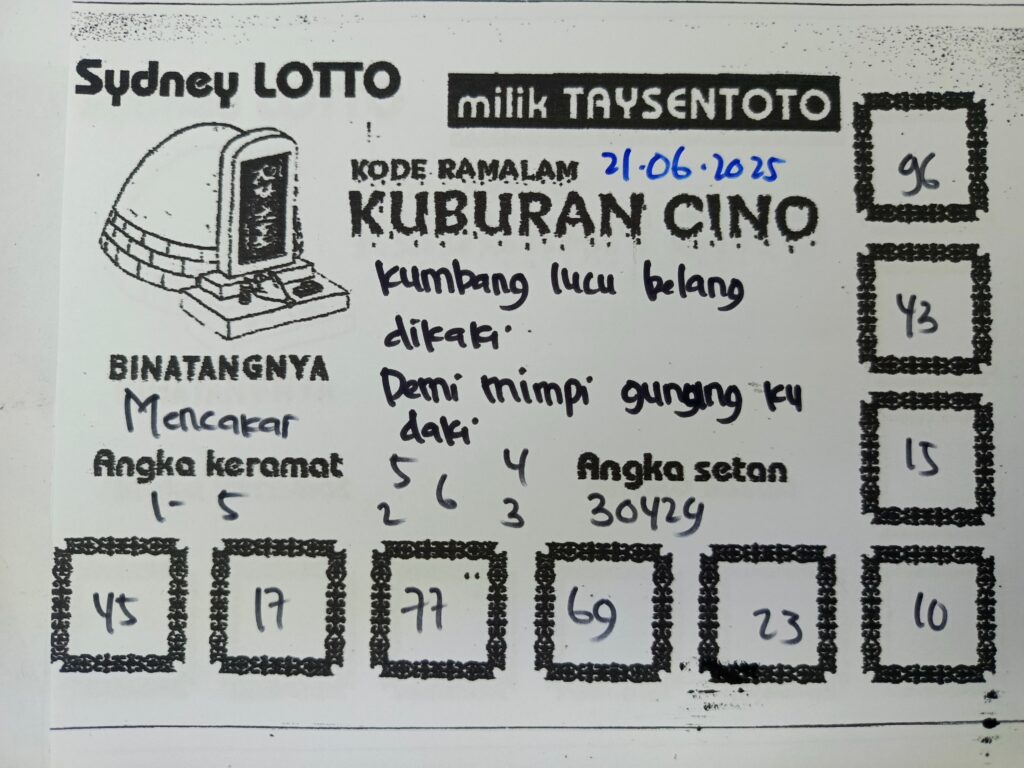 Syair Kuburan Cino Sydney Hari ini Sabtu, 21 Juni 2025