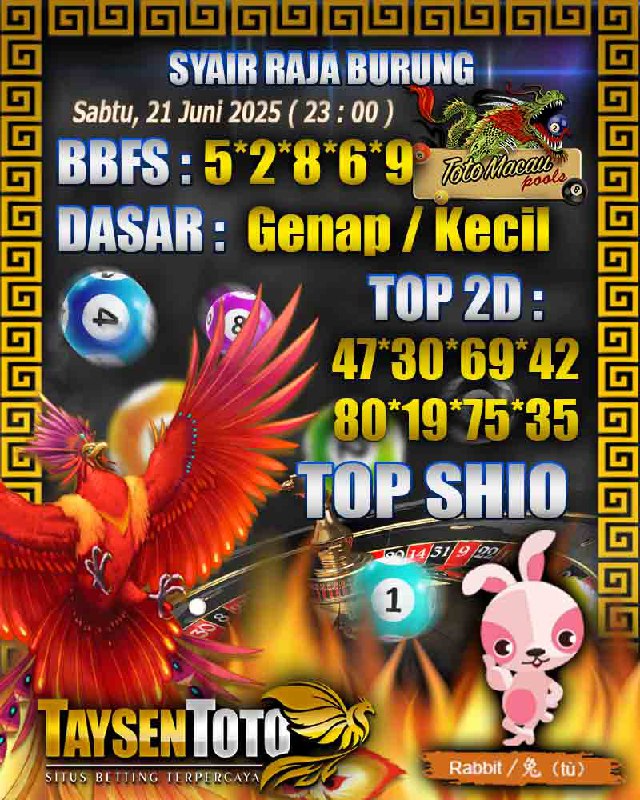 Syair Raja Burung Toto Macau Hari, Sabtu, 21 Mei 2025| 23 : 00 WIB