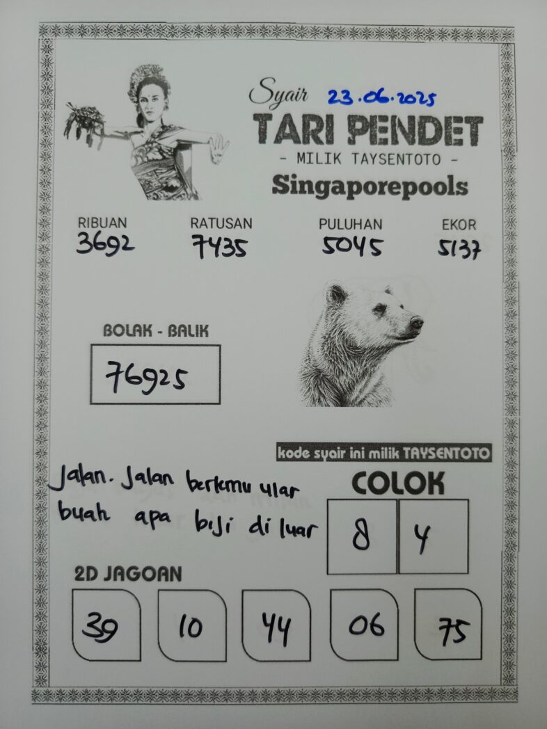 Syair Tari Pendet SGP Hari ini Senin, 23 Juni 2025