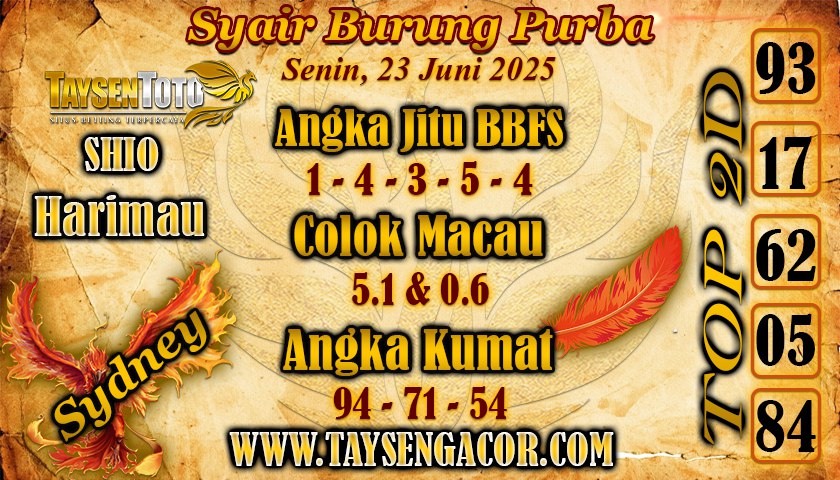 Syair Burung Purba Sydney Hari ini Senin, 23 Juni 2025