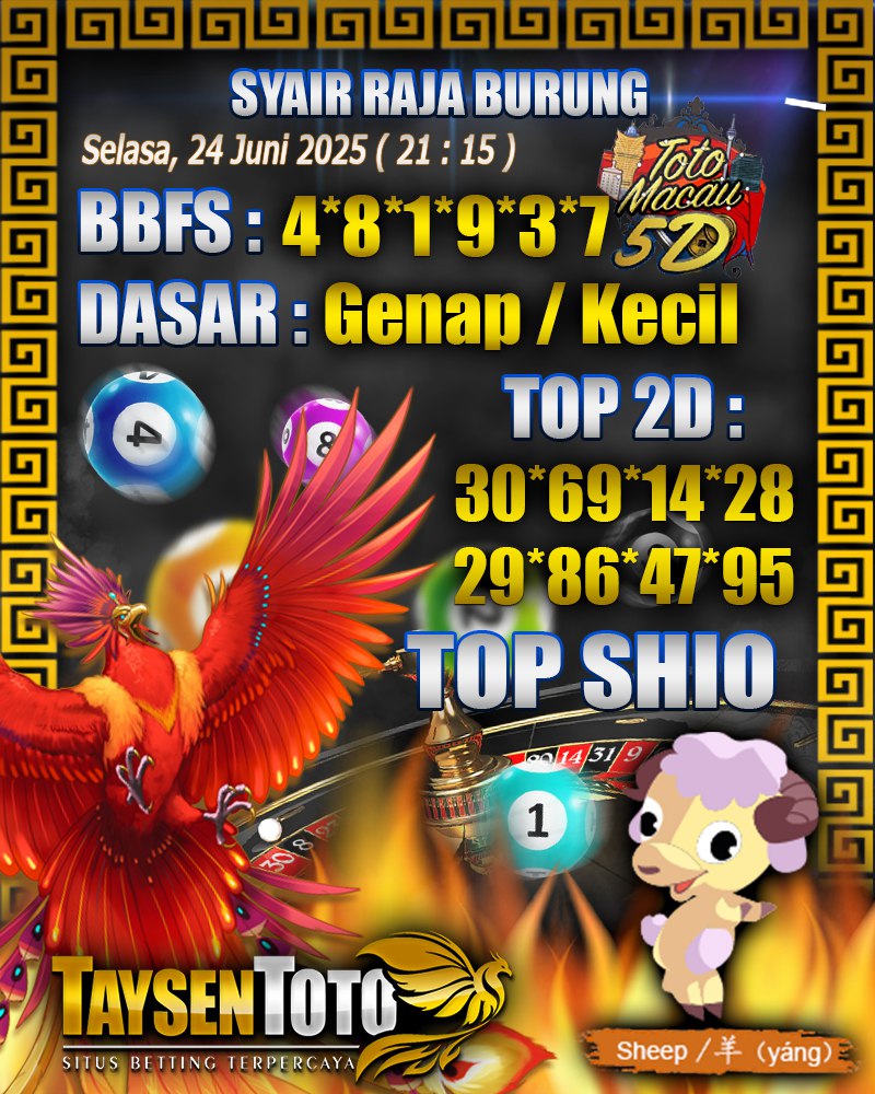 Syair Raja Burung Toto Macau 5D Hari Ini Selasa, 24 Juni 2025 | 21 : 15 WIB
