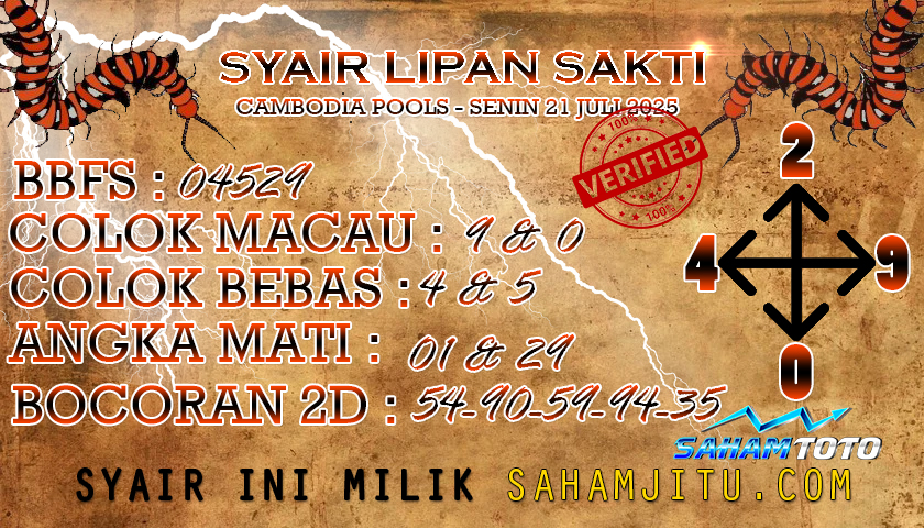 Syair Lipan Sakti CAMBODIA POOLS Hari ini Senin 21 Juli 2025