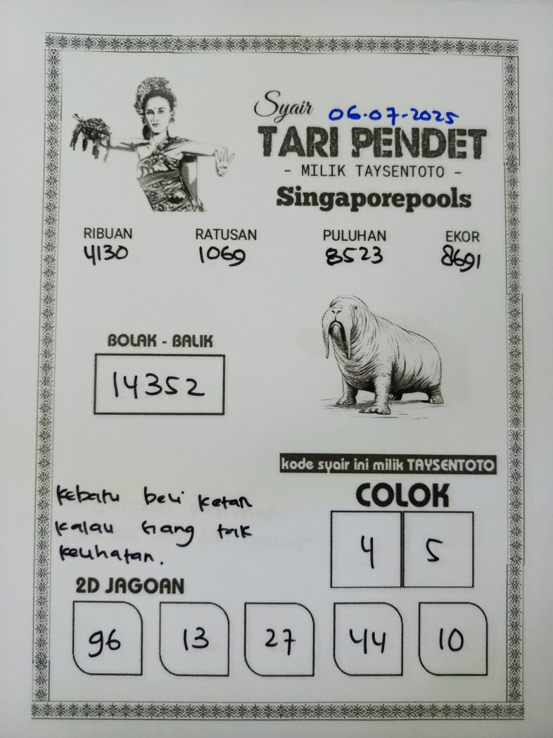 Syair Tari Pendet SGP Hari ini Minggu, 06 Juli 2025