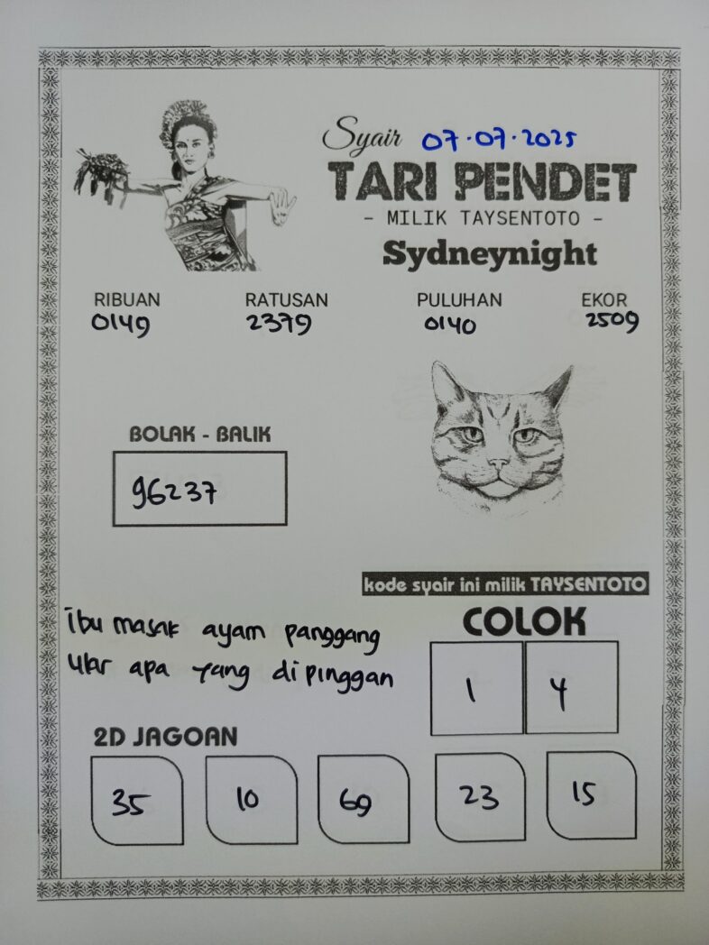 Syair Tari Pendet SydneyNight Hari ini Senin, 07 Juli 2025
