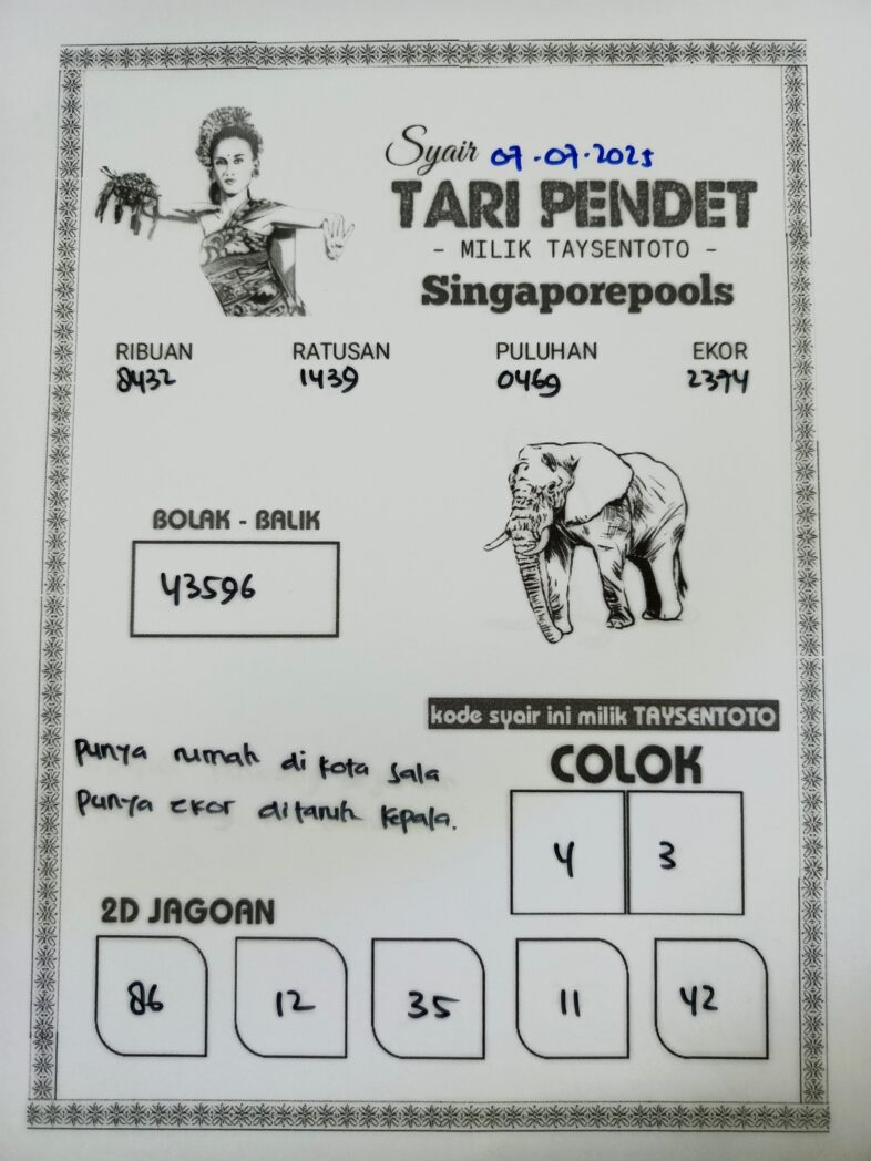 Syair Tari Pendet SGP Hari ini Senin, 07 Juli 2025