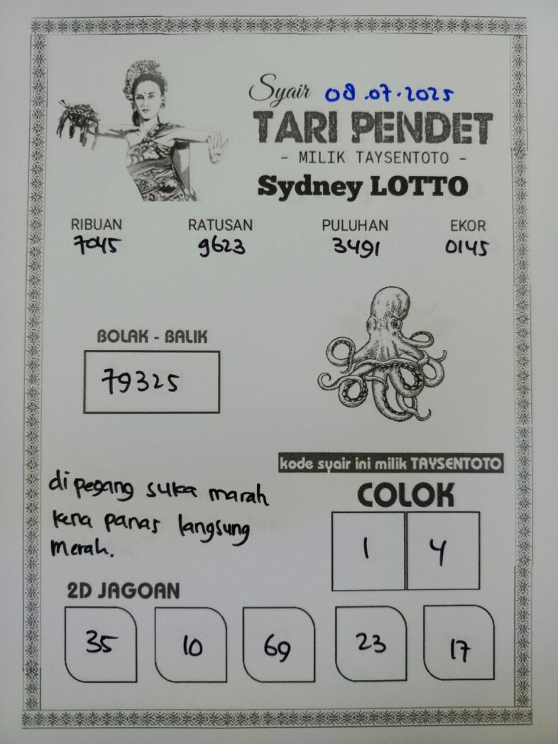 Syair Tari Pendet Sydney Hari ini Selasa, 08 Juli 2025