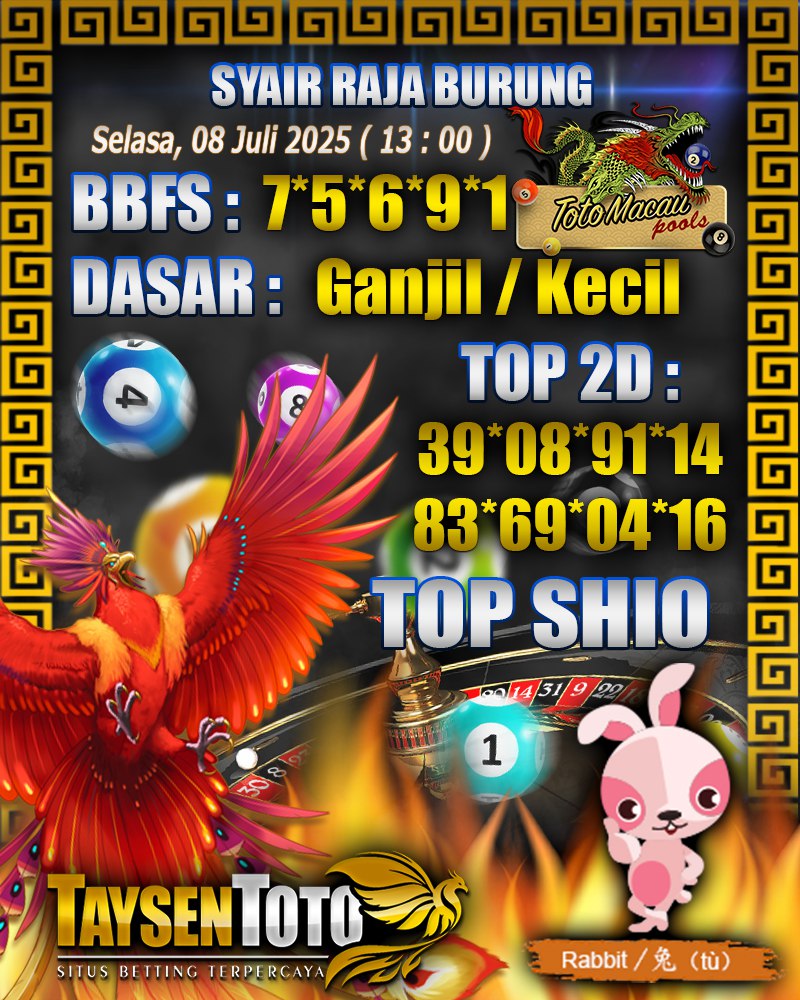 Syair Raja Burung Toto Macau Hari, Selasa, 08 Juli 2025| 13 : 00 WIB