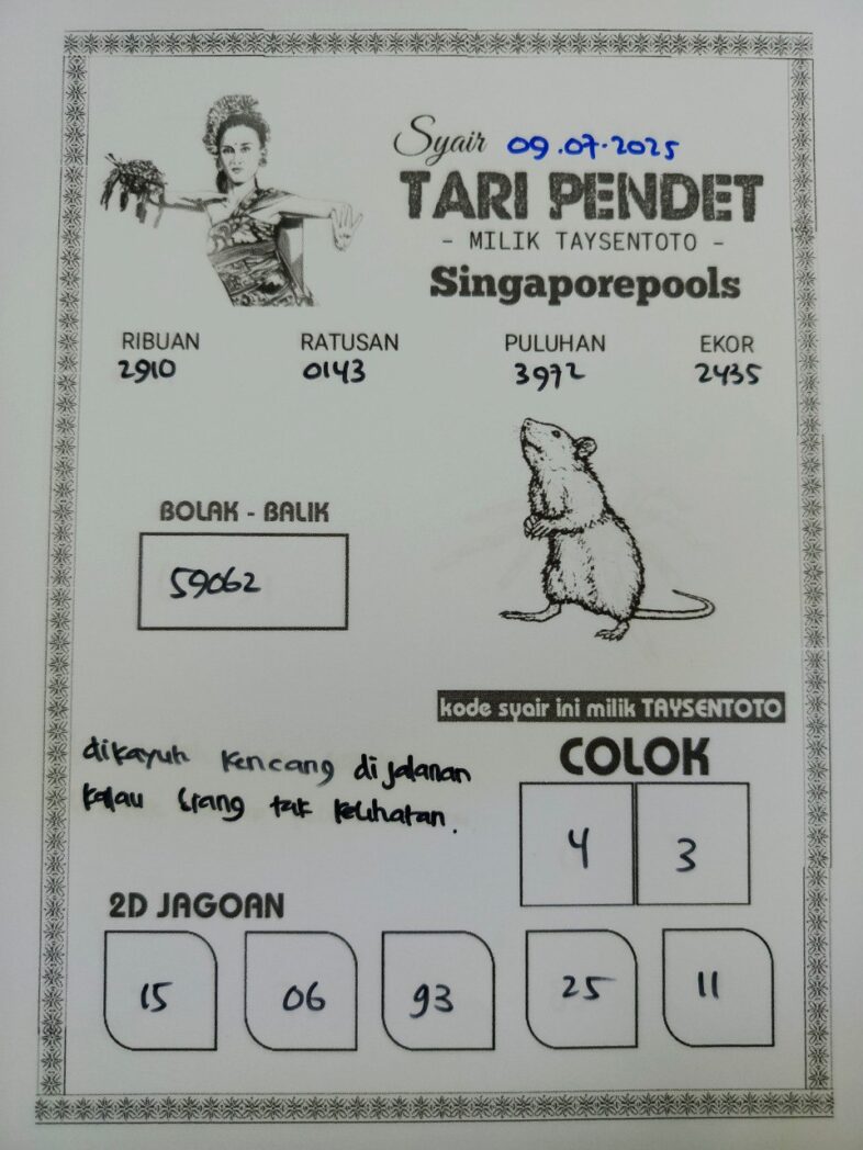 Syair Tari Pendet SGP Hari ini Rabu, 09 Juli 2025